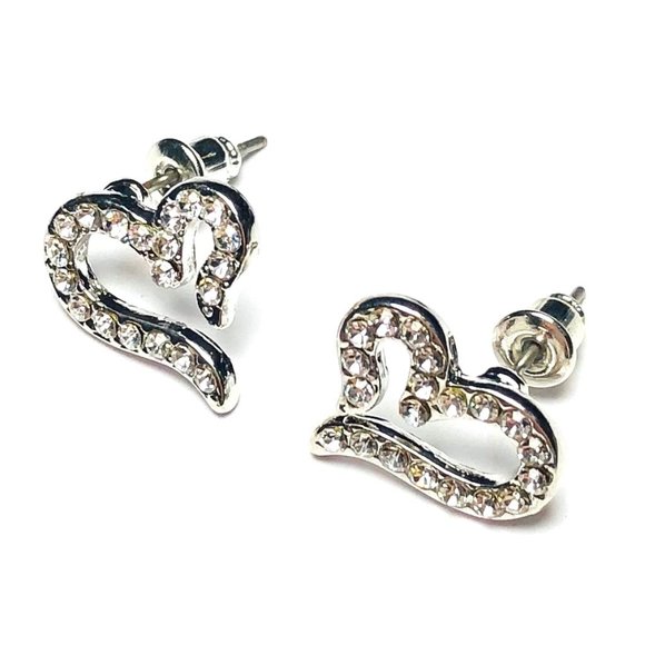 New! Rhinestones Heart Stud Earrings Silver - Picture 4 of 9